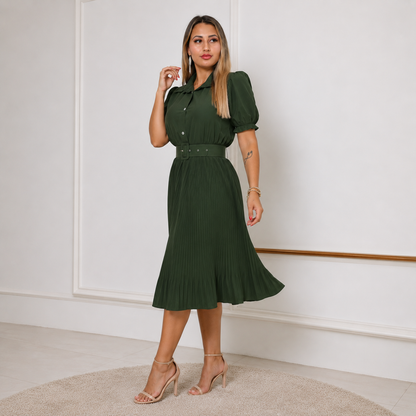 Vestido Midi Plissado Manga Bufante com Cinto — Crepinho Elegante