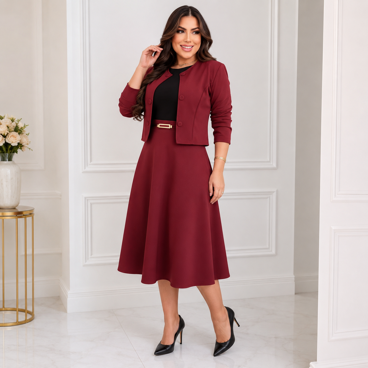 Conjunto 4 Peças Blazer 6 Botões + Saia + Camiseta + Cinto — Moda Cristã