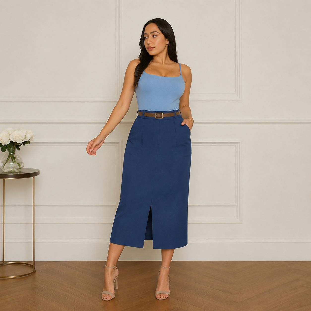 Saia Midi Alfaiataria com Cinto e Fenda — Moda Cristã Luxo