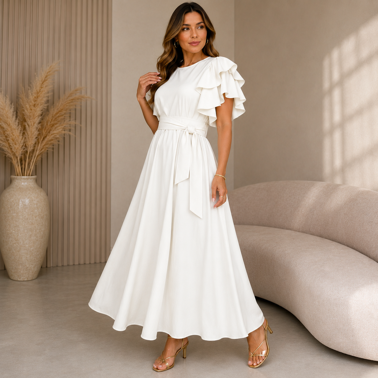 Vestido Midi Manga Babado com Lastex nas Costas — Moda Feminina Elegante