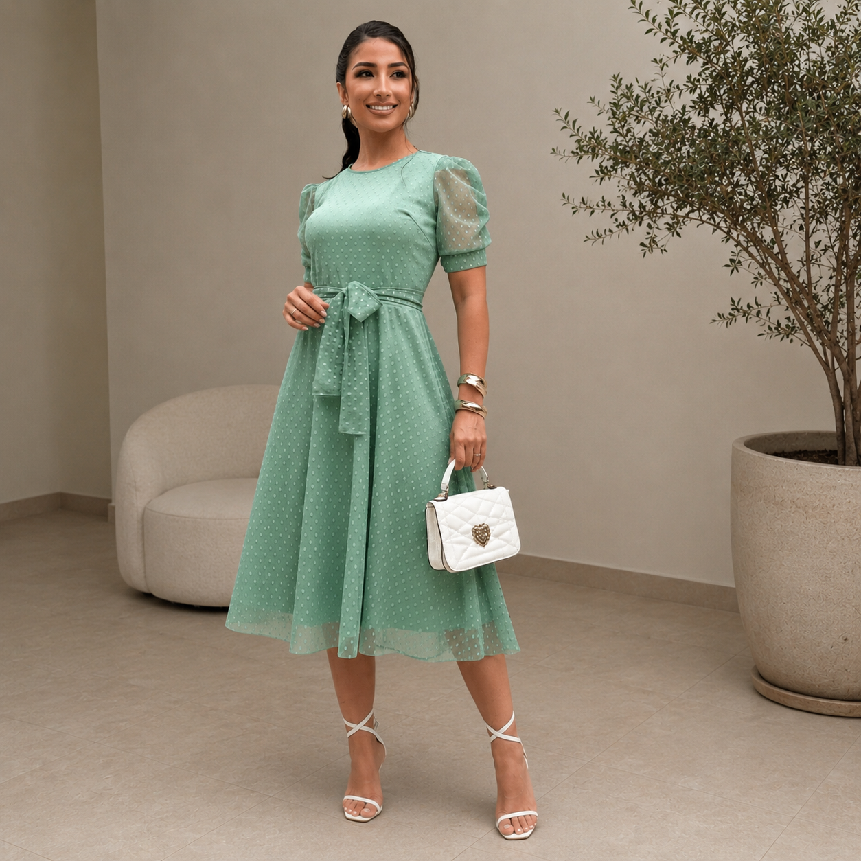 Vestido Midi Godê em Tule com Forro — Moda Cristã Elegante
