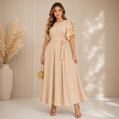 Vestido Midi Manga Babado com Lastex nas Costas — Moda Feminina Elegante