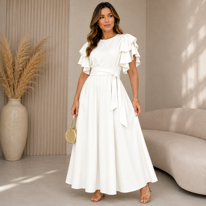 Vestido Midi Manga Babado com Lastex nas Costas — Moda Feminina Elegante