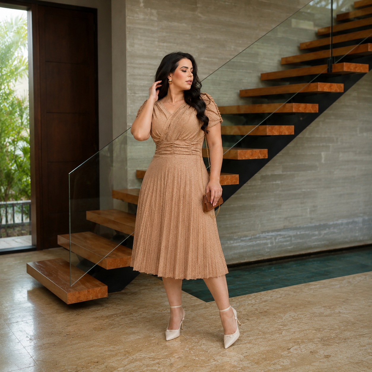 Vestido Midi Malha Lese Plissado — Elegante &amp; Modesto