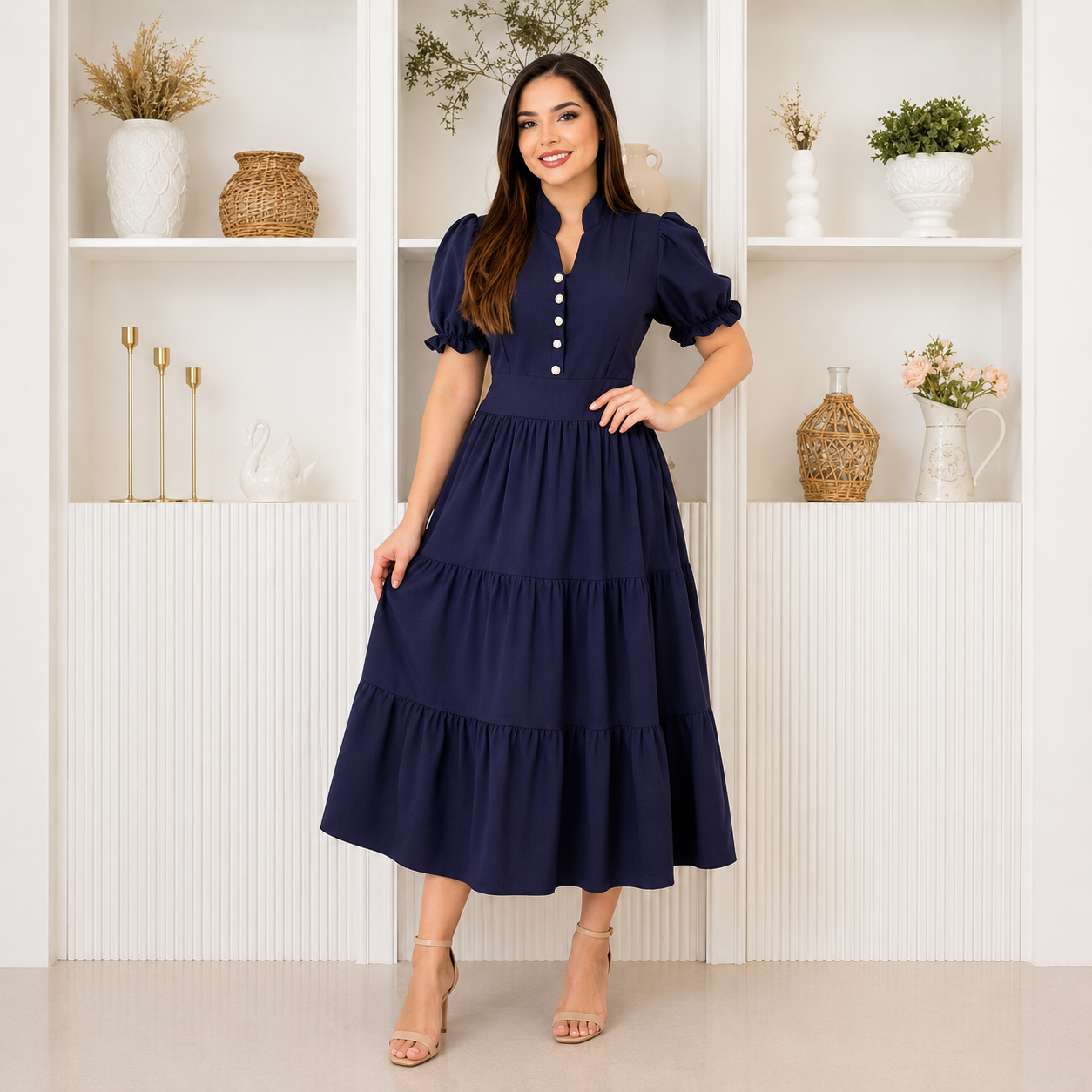 Vestido Midi com Manga Bufante  — Moda Cristã