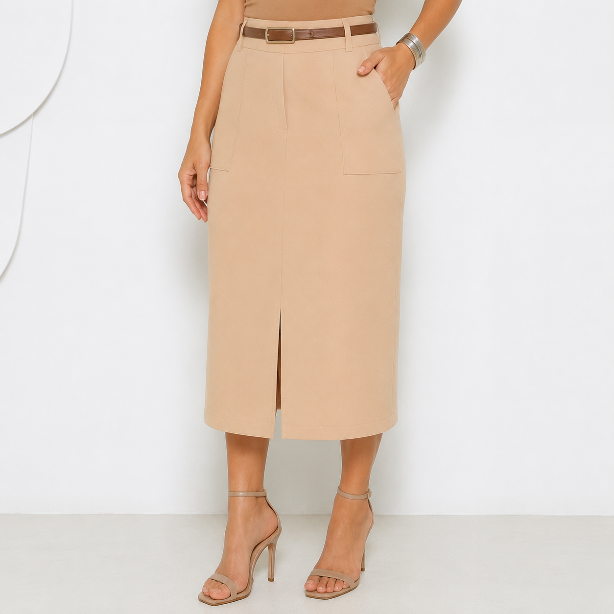 Saia Midi Alfaiataria com Cinto e Fenda — Moda Cristã Luxo