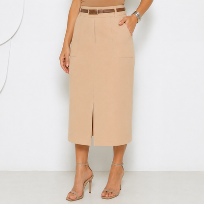 Saia Midi Alfaiataria com Cinto e Fenda — Moda Cristã Luxo
