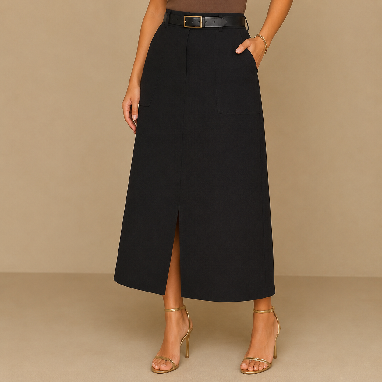 Saia Midi Alfaiataria com Cinto e Fenda — Moda Cristã Luxo