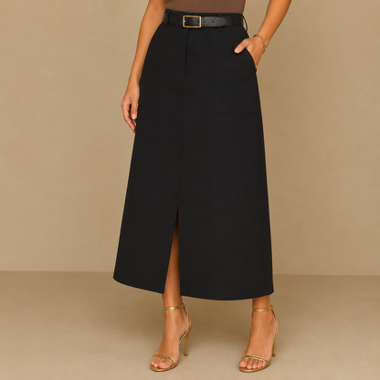 Saia Midi Alfaiataria com Cinto e Fenda — Moda Cristã Luxo