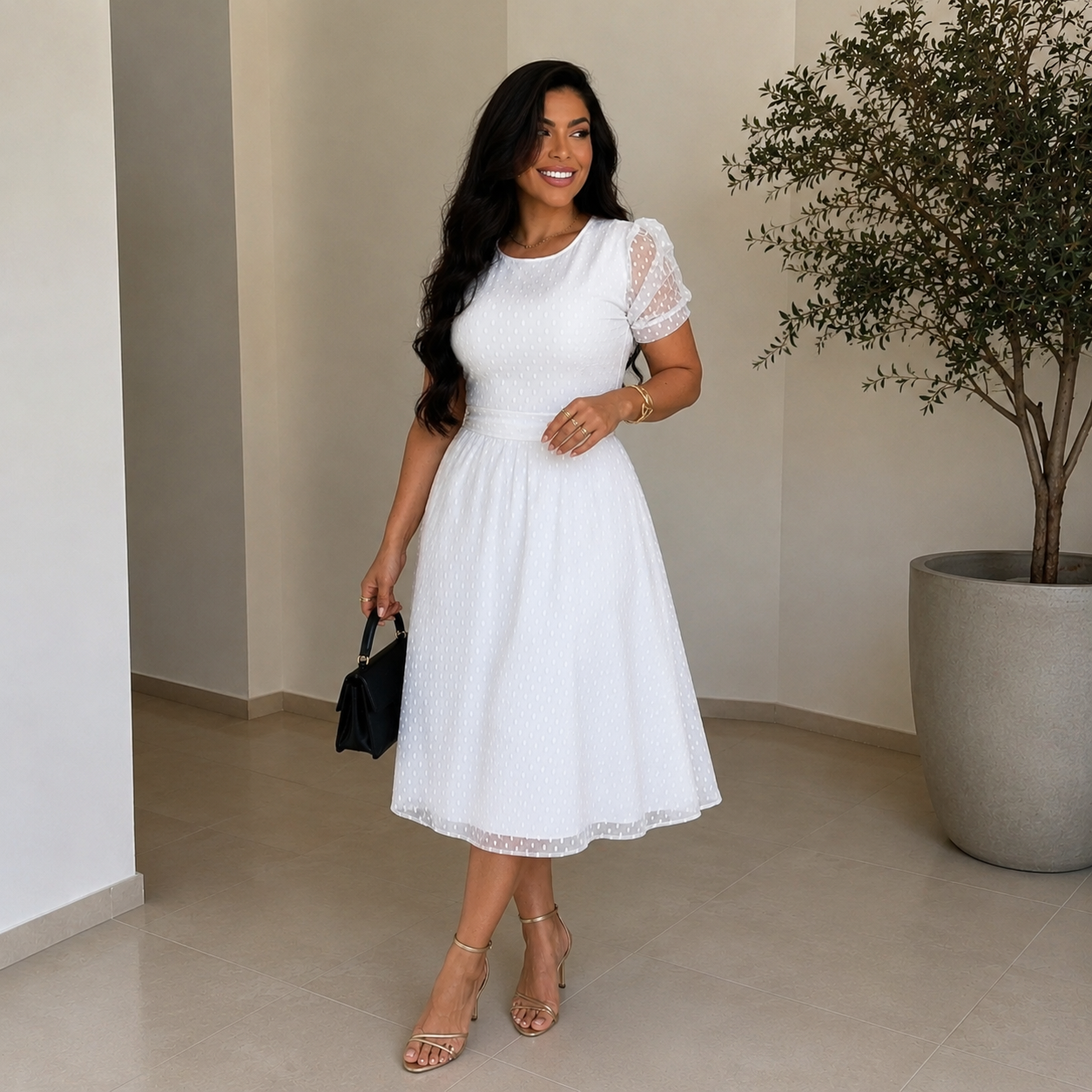 Vestido Midi Godê em Tule com Forro — Moda Cristã Elegante