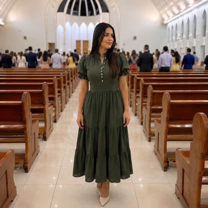 Vestido Midi com Manga Bufante Moda Cristã