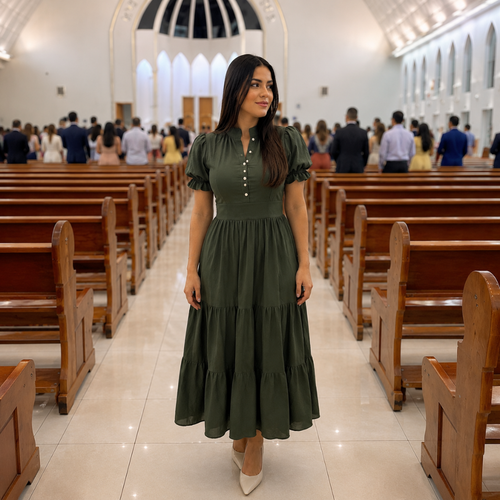 Vestido Midi com Manga Bufante Moda Cristã