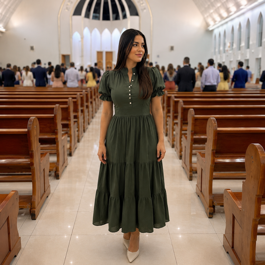 Vestido Midi com Manga Bufante Moda Cristã