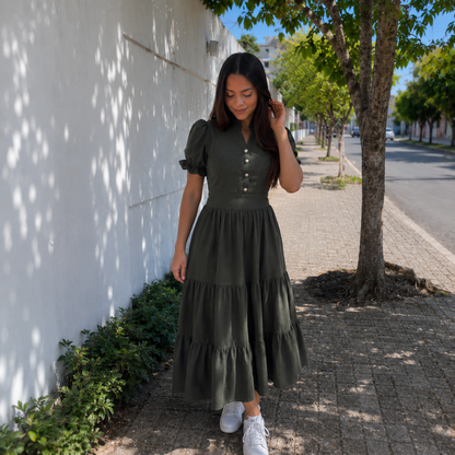 Vestido Midi com Manga Bufante Moda Cristã