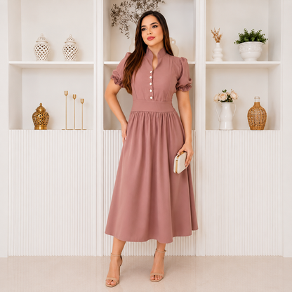 Vestido Midi com Manga Bufante  — Moda Cristã