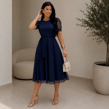 Vestido Midi Godê em Tule com Forro — Moda Cristã Elegante