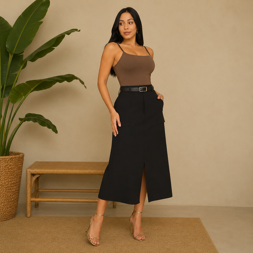 Saia Midi Alfaiataria com Cinto e Fenda — Moda Cristã Luxo