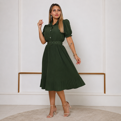 Vestido Midi Plissado Manga Bufante com Cinto — Crepinho Elegante