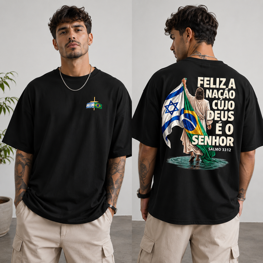 Feliz a Nação Camiseta Salmo 33:12 Cristã Streetwear