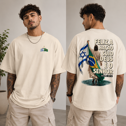Feliz a Nação Camiseta Salmo 33:12 Cristã Streetwear