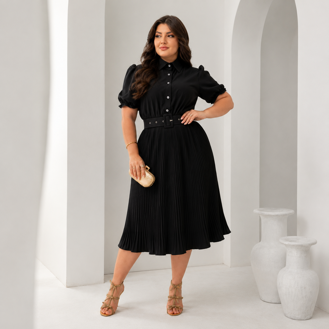 Vestido Midi Plissado Manga Bufante com Cinto — Crepinho Elegante