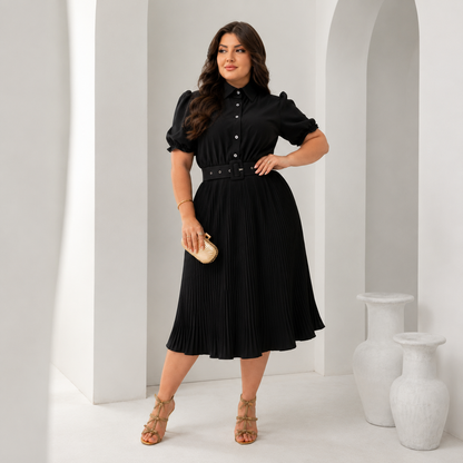 Vestido Midi Plissado Manga Bufante com Cinto — Crepinho Elegante