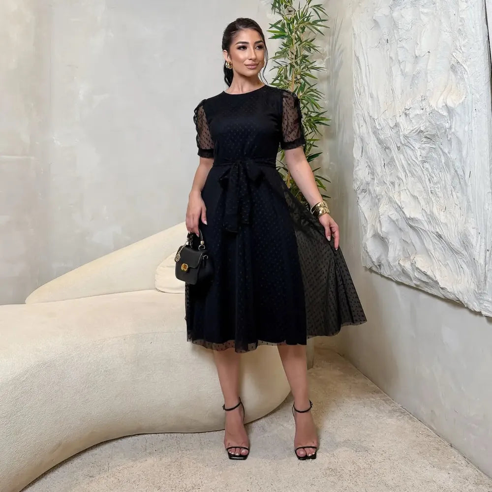Vestido Midi Godê em Tule - Preto