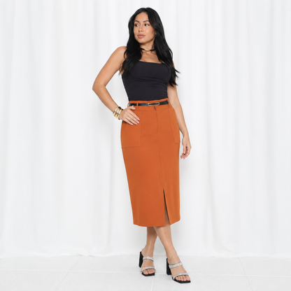 Saia Midi Alfaiataria com Cinto e Fenda — Moda Cristã Luxo