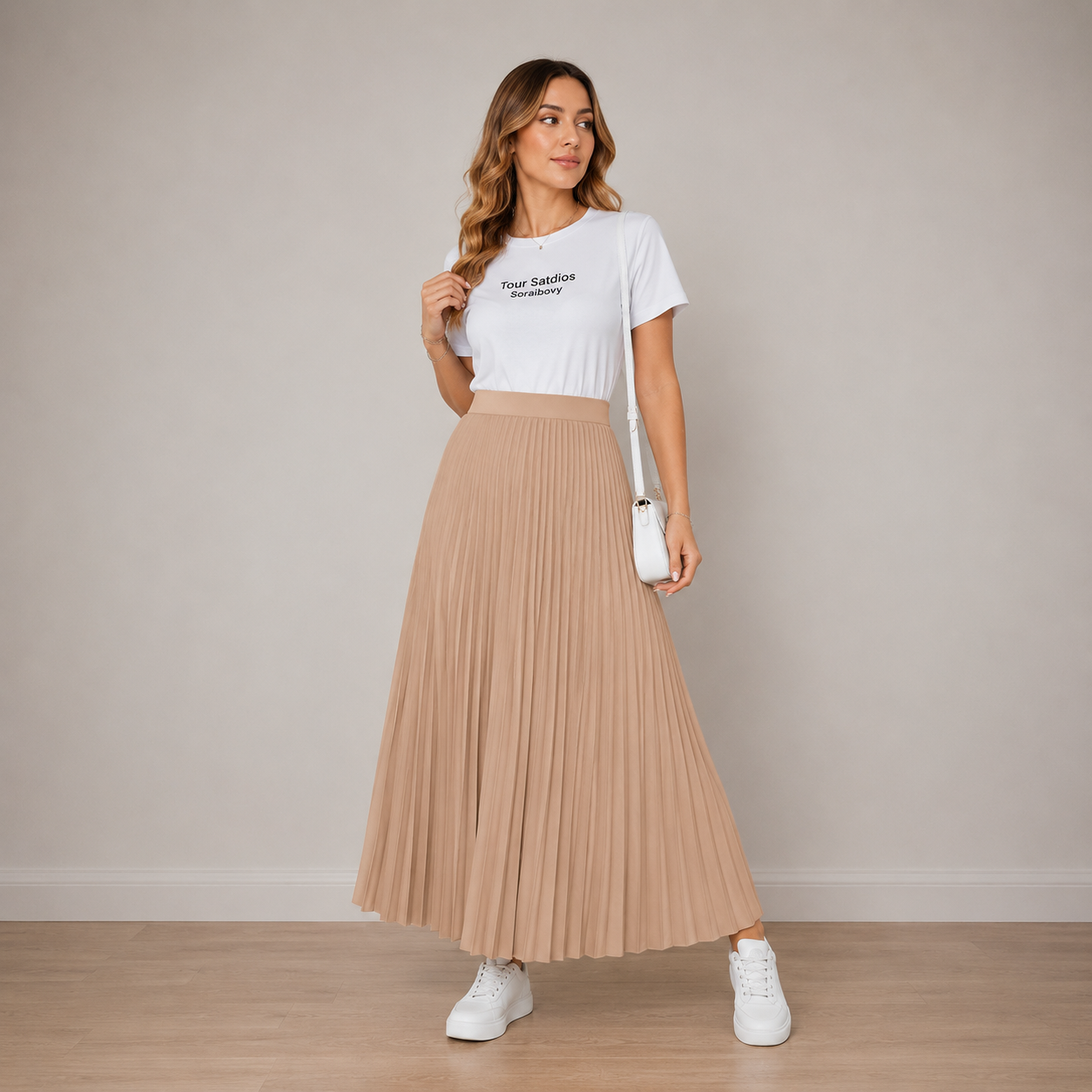 Saia Longa Plissada Chiffon Forrada Rodada — Premium Evangélica