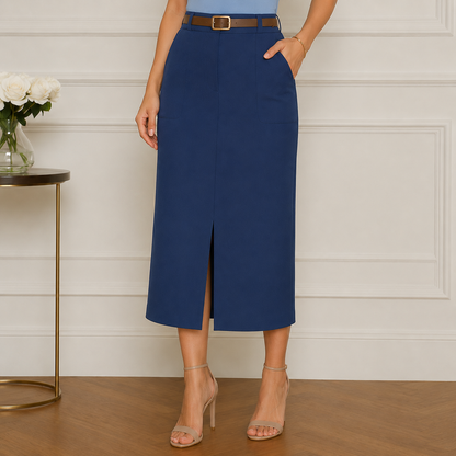 Saia Midi Alfaiataria com Cinto e Fenda — Moda Cristã Luxo