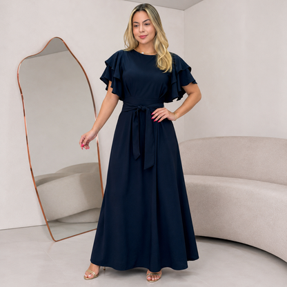 Vestido Midi Manga Babado com Lastex nas Costas — Moda Feminina Elegante