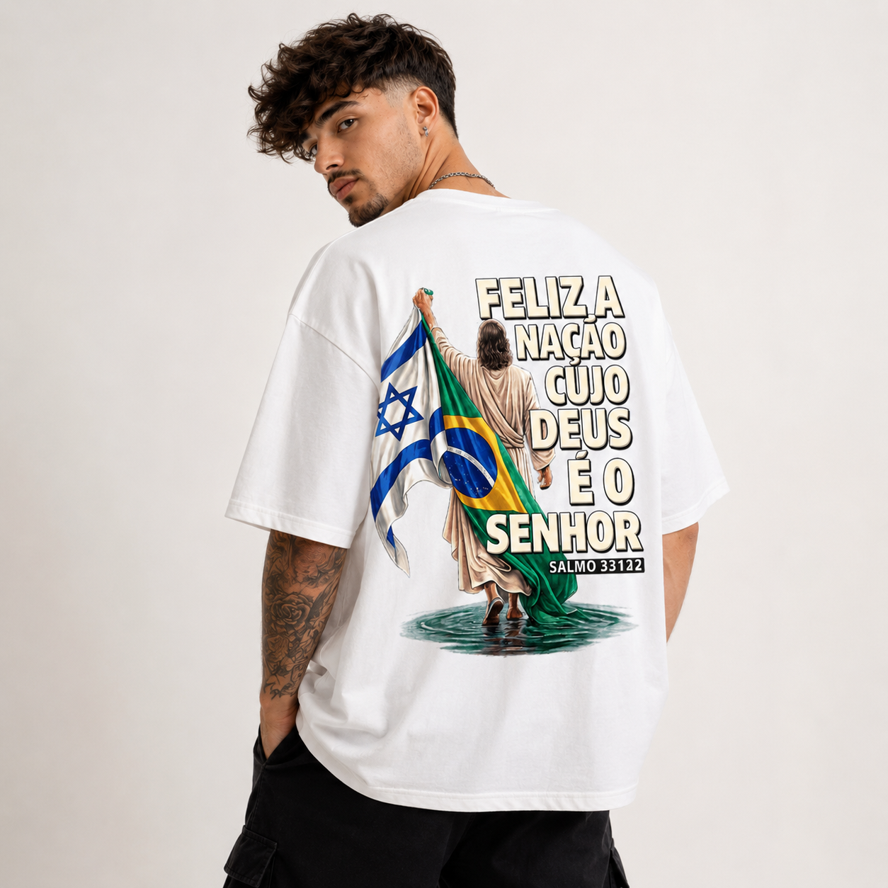 Feliz a Nação Camiseta Salmo 33:12 Cristã Streetwear
