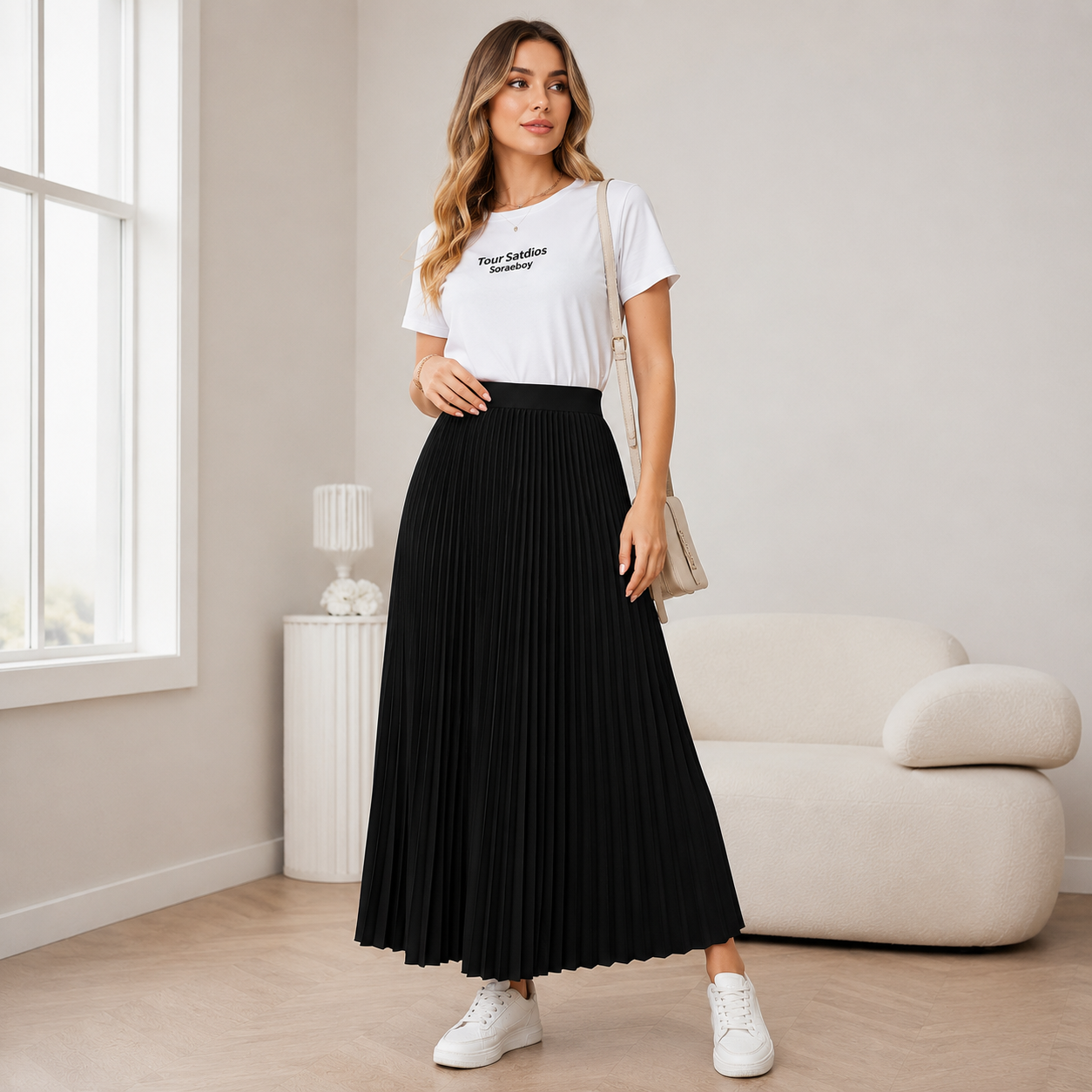 Saia Longa Plissada Chiffon Forrada Rodada — Premium Evangélica