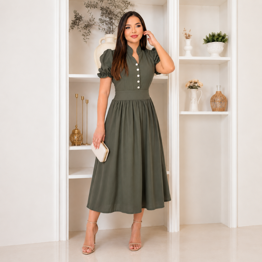Vestido Midi com Manga Bufante  — Moda Cristã