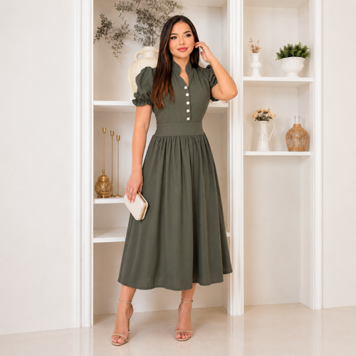 Vestido Midi com Manga Bufante  — Moda Cristã